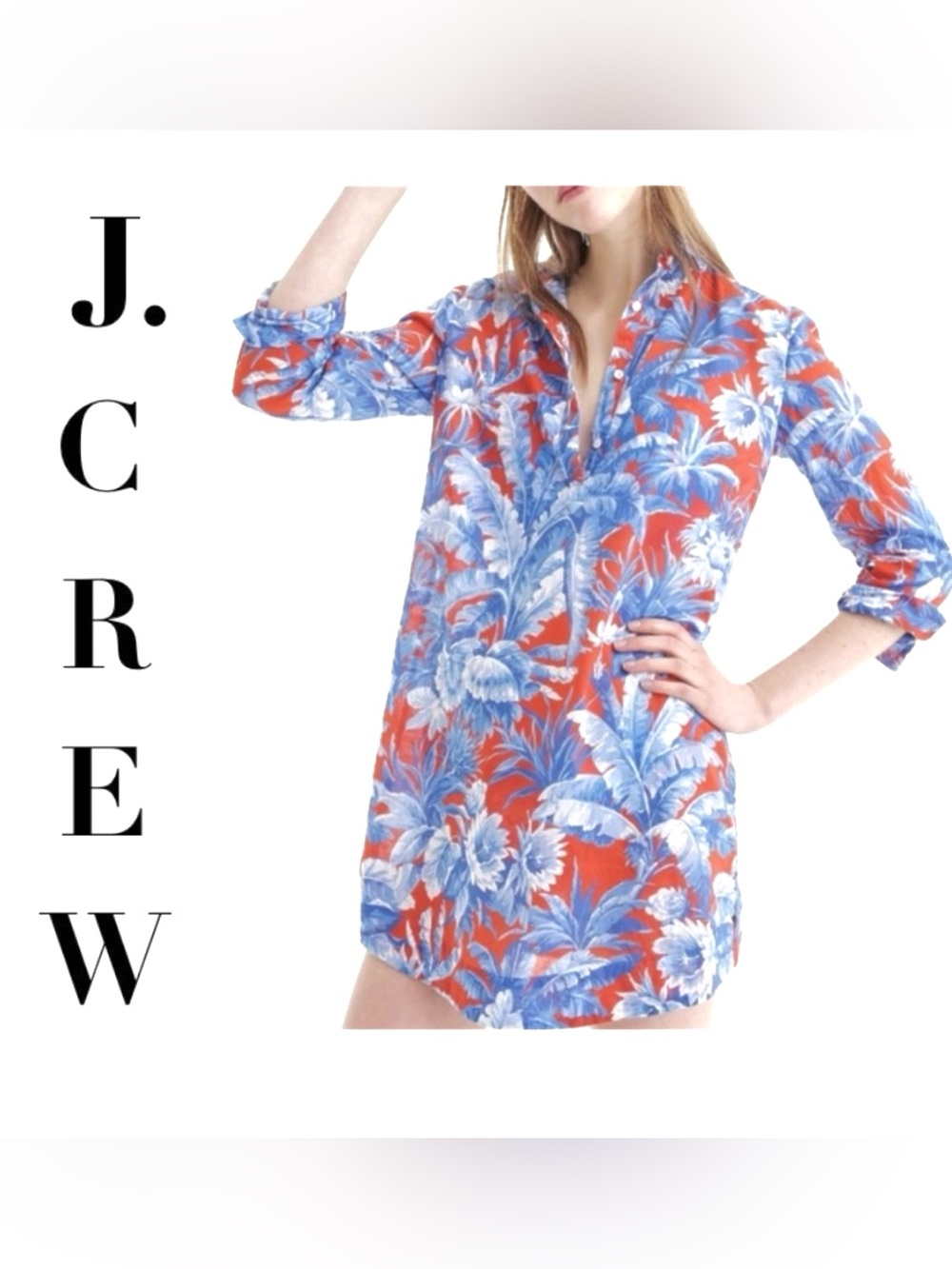 J CREW Ratti Rio Floral Popover Tunic Dress Coral & Blue Size Medium